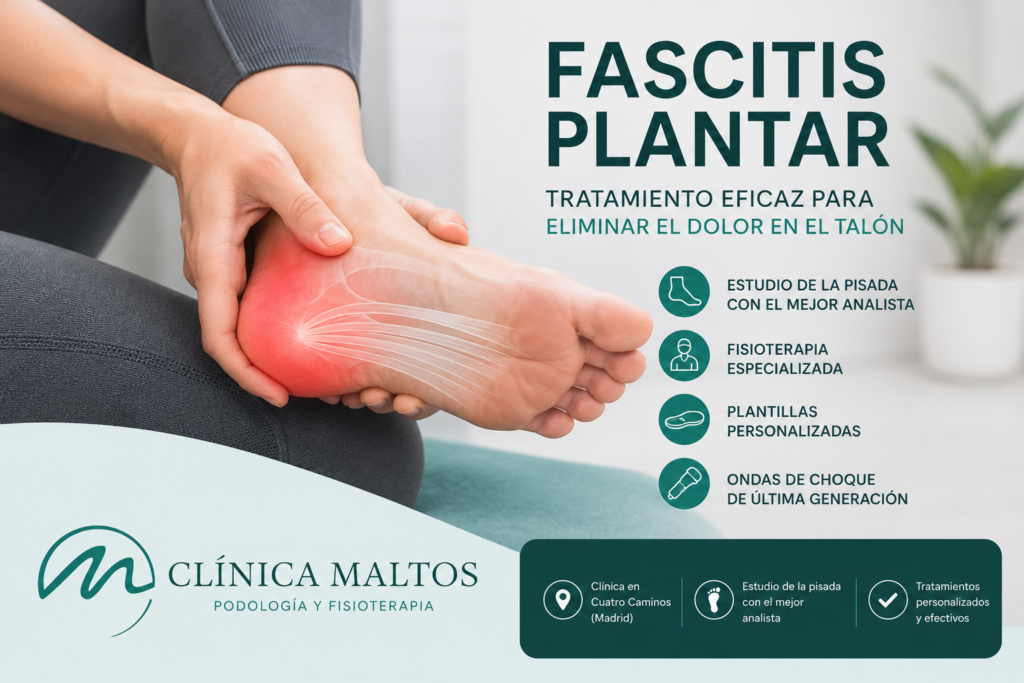 Paciente con fascitis plantar recibiendo tratamiento de podología y fisioterapia en Clínica Maltos, especialista en estudio de la pisada en Madrid.