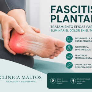 Paciente con fascitis plantar recibiendo tratamiento de podología y fisioterapia en Clínica Maltos, especialista en estudio de la pisada en Madrid.