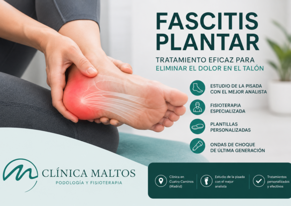 Paciente con fascitis plantar recibiendo tratamiento de podología y fisioterapia en Clínica Maltos, especialista en estudio de la pisada en Madrid.